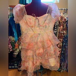 Pale pink floral organza mini dress with puff sleeves & 3 tiered ruffled skirt